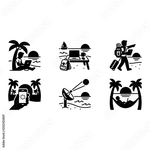 Vacation icon set, black silhouette, white background