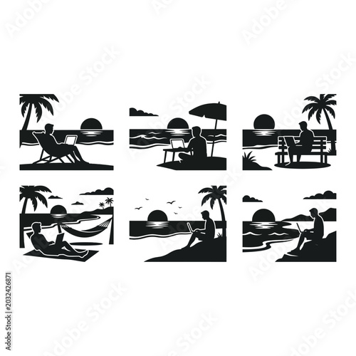 Beach icon set silhouette, white background, vector illustration