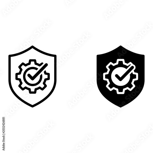 Shield icon set with gear and checkmark, white background, outline and solid