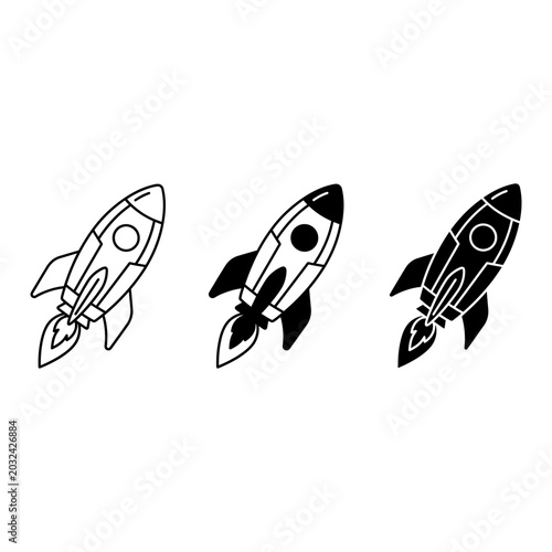 Rocket icon set, outline, solid, glyph, white background, vector illustration