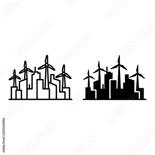 Wind turbines city icon set, outline and solid, white background