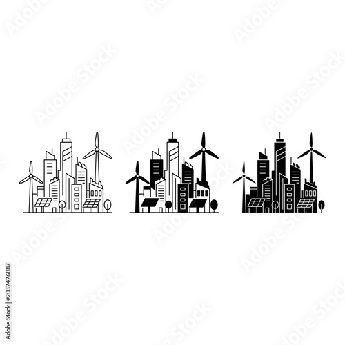 City with wind turbines icon set, outline, solid, silhouette, white background, vector illustration