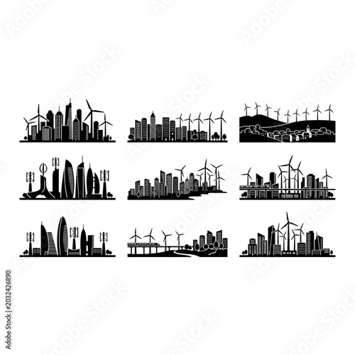 City skyline with wind turbines icon set, silhouette, white background, vector illustration