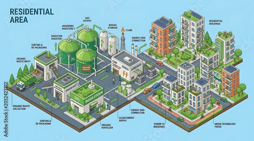 Isometric view of sustainable urban development and clean energy systems