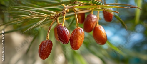 Ripe dates hanging on palm tree branch