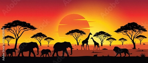 African safari wildlife silhouettes at sunset featuring elephants giraffes and a lion perfect for travel and nature designs