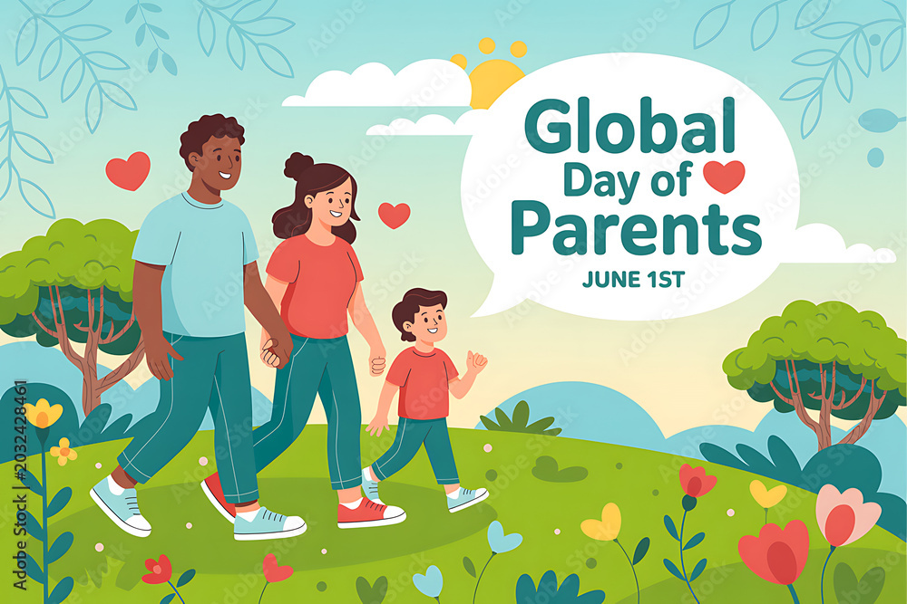 Fototapeta premium Global day of parents illustration with family walking in a park on june 1st with hearts and flowers