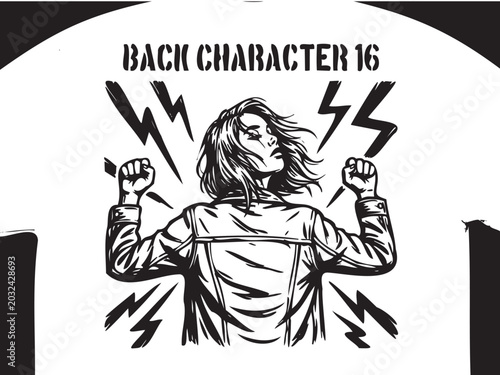 Canvas Print Angry character, back view, black and white vector, illustration, t-shirt design
