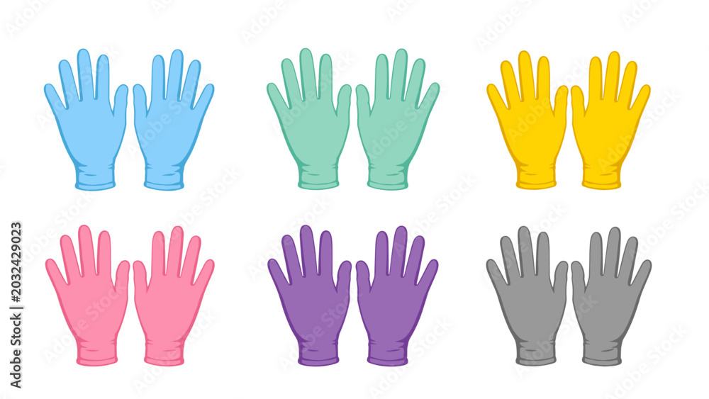 Fototapeta premium Collection of colorful medical examination gloves in blue green yellow pink purple and gray