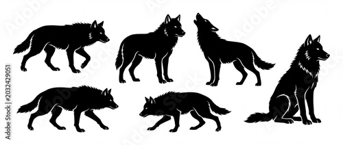 Set of black wolf silhouettes a minimalist vector illustration in various poses for wildlife branding and nature-themed designs isolated on white back