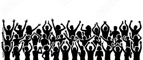 Silhouettes of a diverse crowd with raised arms symbolizing celebration protest or unity isolated on a white background