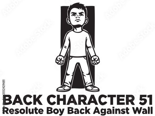 Photography Resolute boy character, back against wall, determined expression, vector illustr