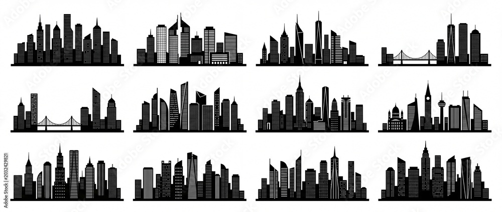 Obraz premium Various city skylines in black silhouette a minimalist vector collection ideal for web design app interfaces and urban concepts
