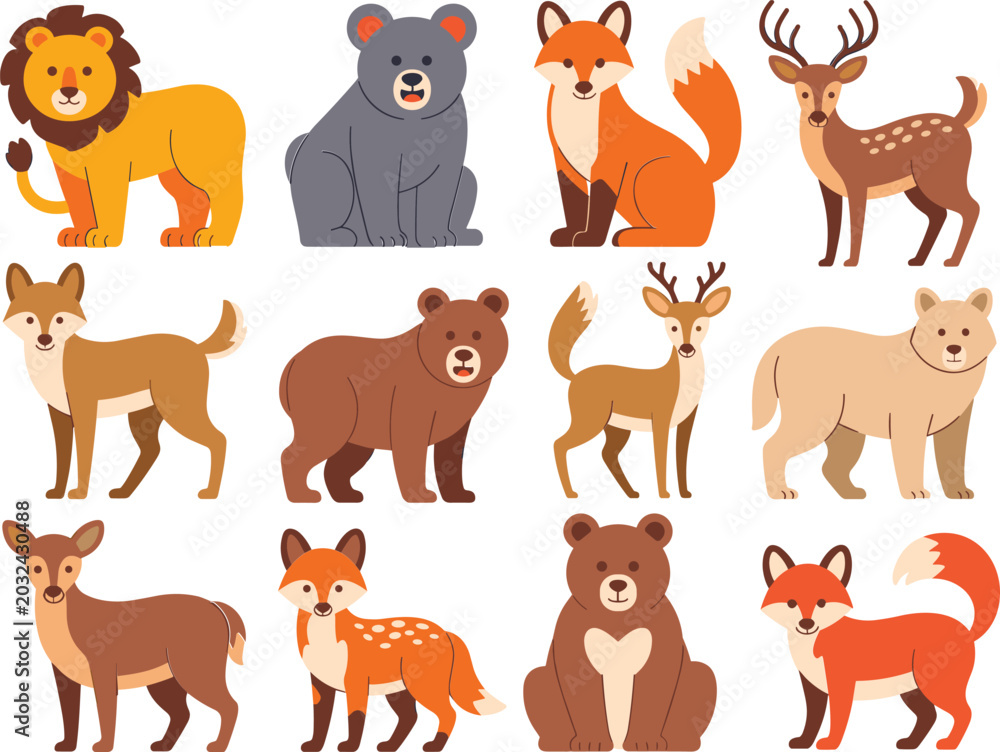 Fototapeta premium Cute woodland animal collection, cartoon forest wildlife characters vector illustration set for children education design