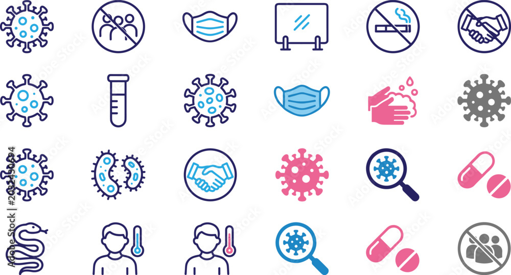 Fototapeta premium Health and hygiene icon illustration collection featuring virus prevention, masks, handwashing, medicine, safety symbols, and public wellness concepts