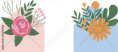 Photos Elegant floral envelope illustrations, blooming botanical greeting card designs