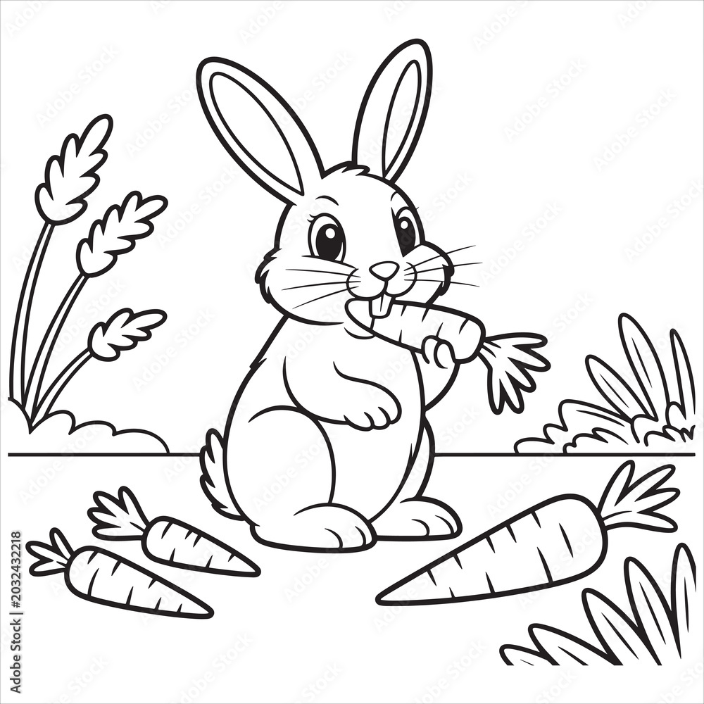 Obraz premium A cheerful rabbit holding a carrot in a garden setting