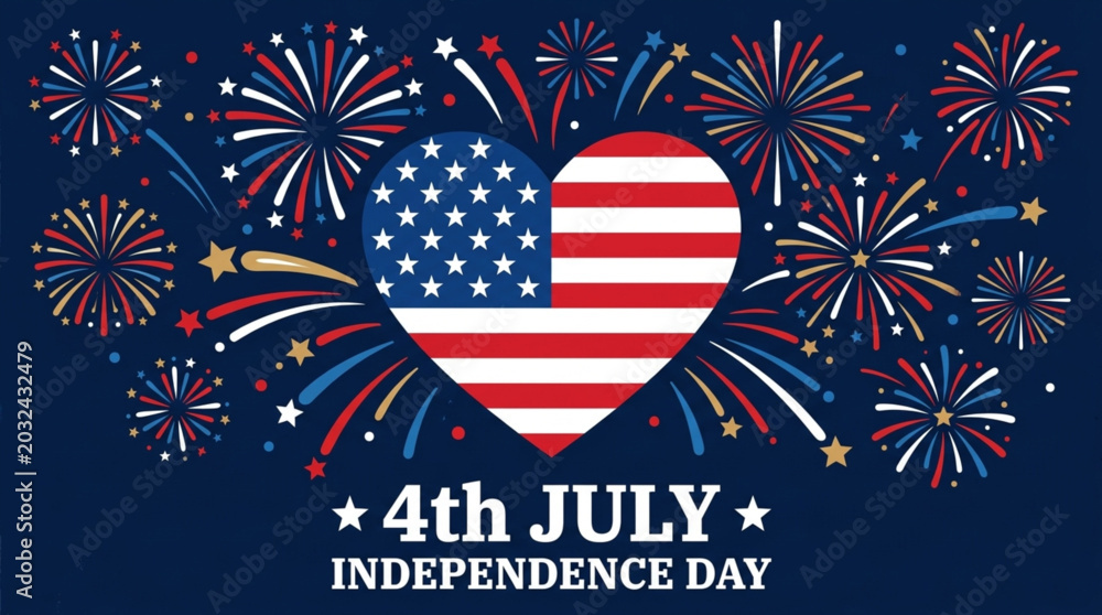 Fototapeta premium USA Independence Day Celebration Heart with Flag and Fireworks