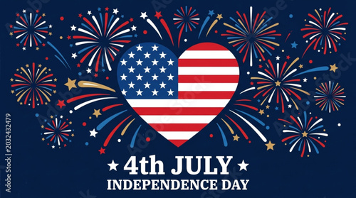 USA Independence Day Celebration Heart with Flag and Fireworks