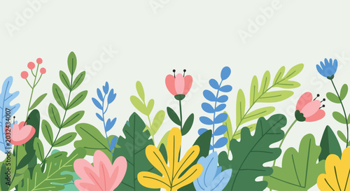 Colorful floral border with diverse tropical leaves and flowers.