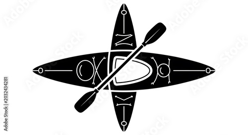 Kayak and paddle silhouette illustration on white background