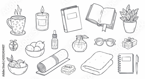 Set of hand drawn self care and relaxation items.