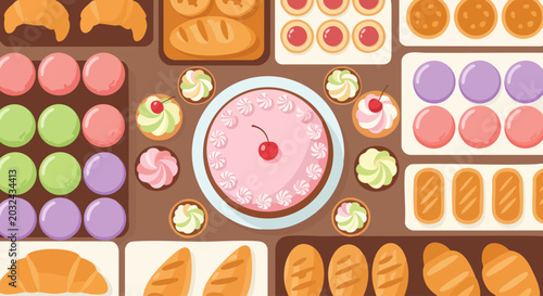 Top view of assorted bakery items and delicious pastries.