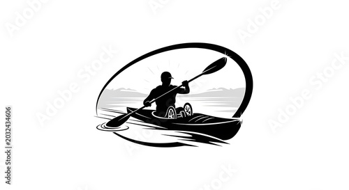 Kayaker paddling on water silhouette inside oval frame vector illustration