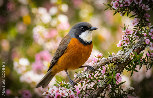 A close-up shot of a colorful Rufous Whistler bird perched on a flowering tree branch, bokeh background