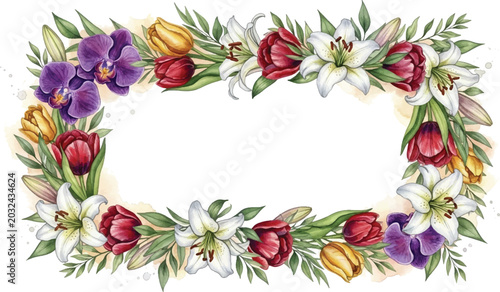 Watercolor floral border frame with lilies, tulips and orchids on white background