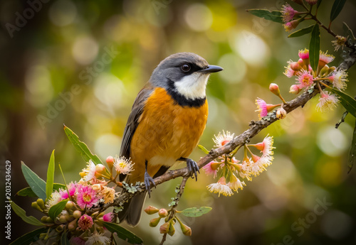 A close-up shot of a colorful Rufous Whistler bird perched on a flowering tree branch, bokeh background