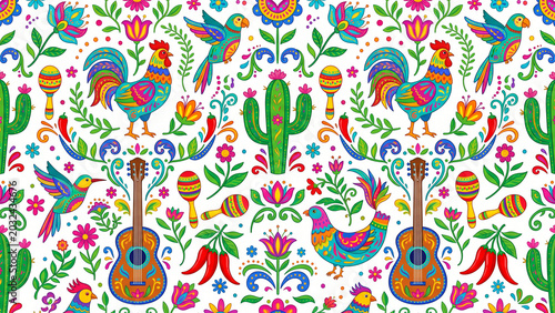 Bright Mexican Fiesta Seamless Pattern with Rooster Parrot Cactus Guitar and Maracas