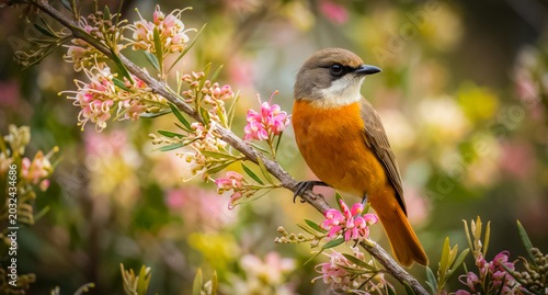 A close-up shot of a colorful Rufous Whistler bird perched on a flowering tree branch, bokeh background