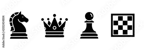 Schilderij op canvas Set of chess pieces icons including a horse, crown, pawn, and chessboard in a bl