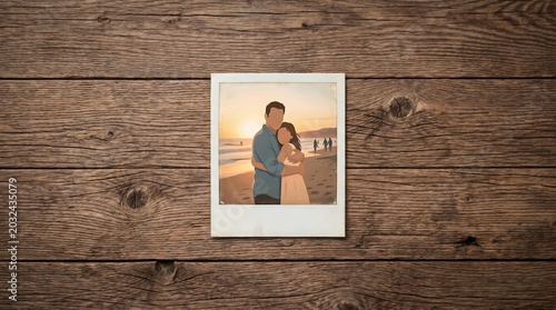 Polaroid style photo of couple hugging on beach at sunset placed on textured vintage wood surface.