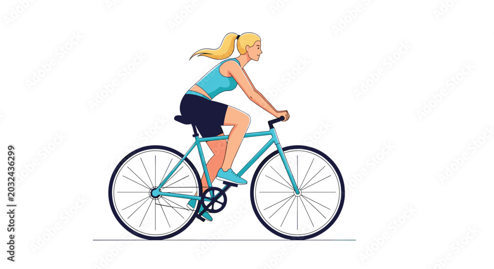 Fototapeta premium Vector illustration of a woman with blonde hair riding a blue bicycle outdoors while wearing athletic clothing.