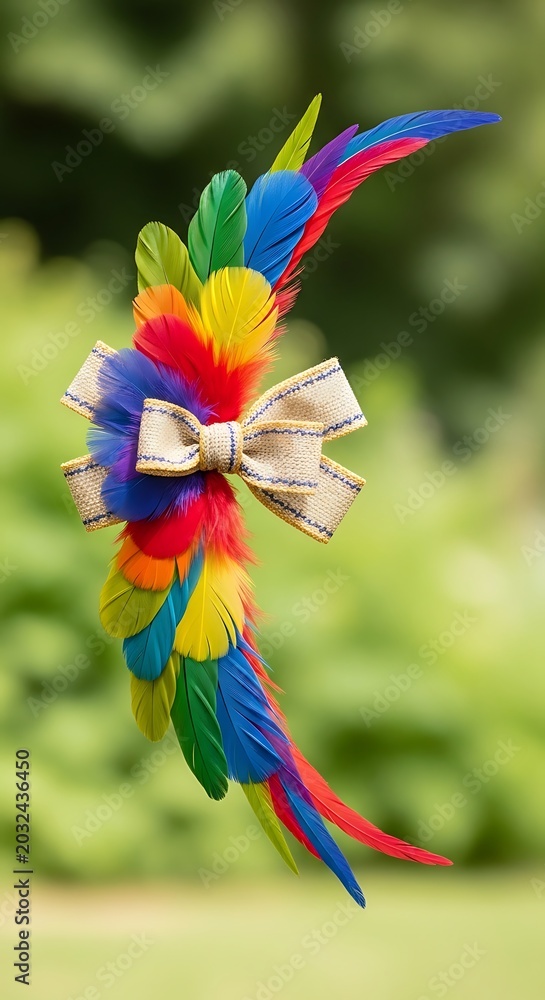 Obraz premium Vibrant Rainbow Feather Decoration with Beige Ribbon Bow.