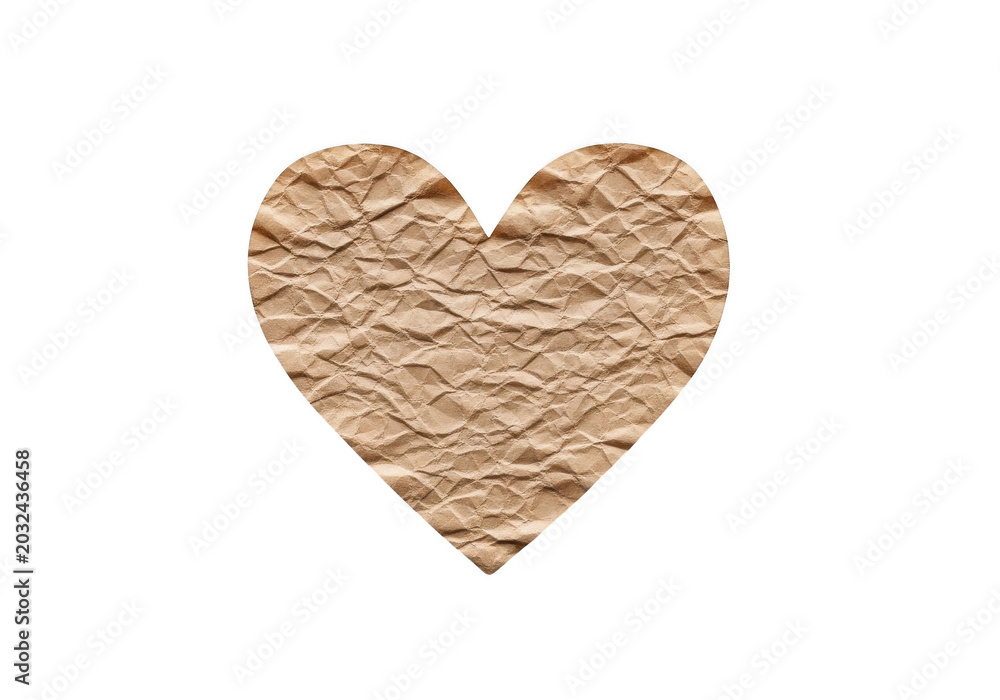 Fototapeta premium Textured crumpled brown paper heart shape symbol isolated on transparent background.
