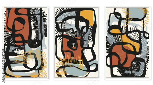 Foto Abstract art triptych colorful painting black lines
