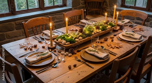 Dining table is prepared for a festive autumn gathering at home.