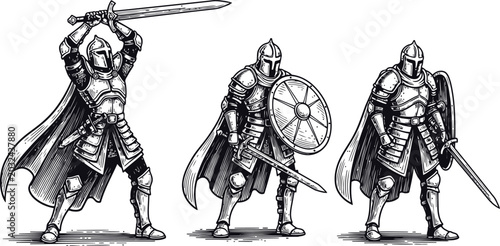 Tableau sur toile Medieval knights in armor with swords and shields in dynamic poses during battle