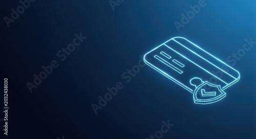 Glowing Neon Blue Credit Card Icon Illustrating Digital Payment Transactions and Financial Security.