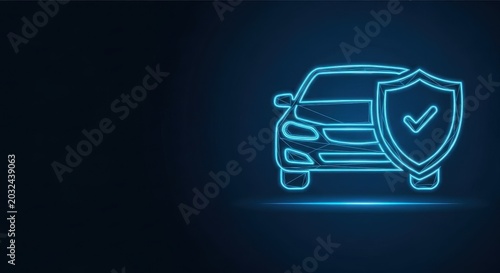 Neon outline of a car with a protective shield, representing auto insurance and security against risks