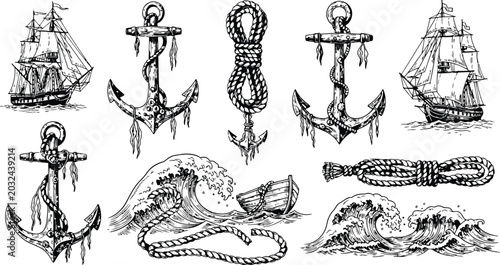 Φωτογραφία Nautical elements including sailing ships anchors and ropes in a vintage hand dr