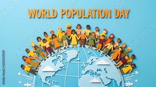 World Population Day banner with diverse people on globe