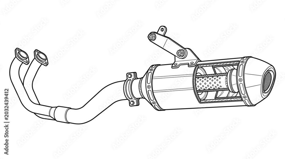 Obraz premium Motorcycle Exhaust System Schematic - Black and White Line Drawing