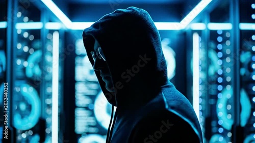 A person in a hooded sweatshirt stands in a dimly lit room with blue neon lights