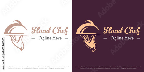 Hand chef logo design illustration vector. Serving food silhouette. Restaurant catering symbol icon.