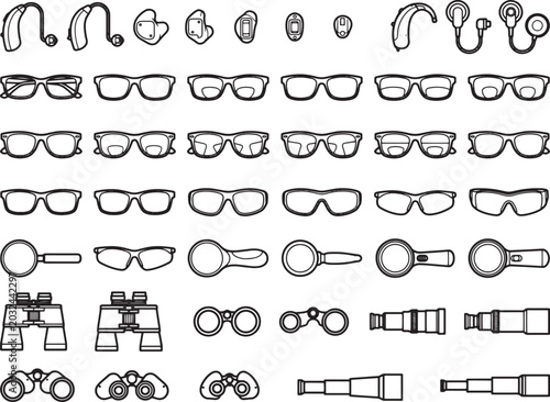 A collection of line art icons showcases various optical devices, including hearing aids, eyeglasses, magnifying glasses, binoculars, and telescopes, arranged in a grid pattern.