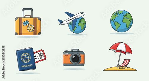 Travel Icons Set Featuring Luggage Airplane Globe Passport Camera and Beach.
